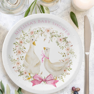 Watercolor Cute Goose Floral Baby Shower Girl Paper Plate