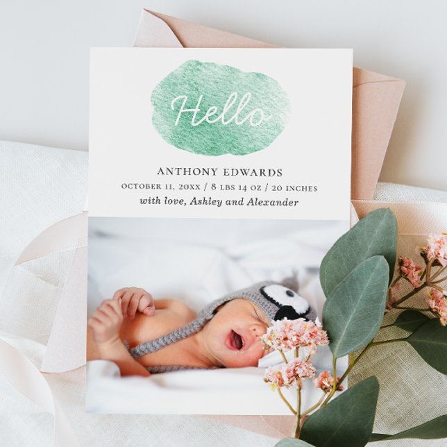 Watercolor cute green. Gender neutral birth Announcement (Creator Uploaded)