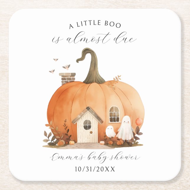 Watercolor Cute Halloween Pumpkin Baby Shower Square Paper Coaster (Front)