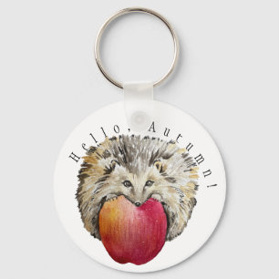 Watercolor cute hedgehog and apple key ring