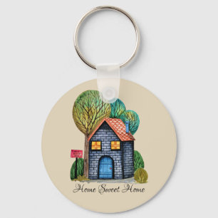 Watercolor Cute Home Sweet Home Art Key Ring