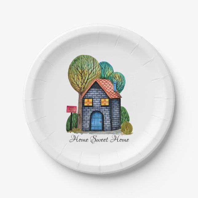 Watercolor Cute Home Sweet Home Art Paper Plate (Front)