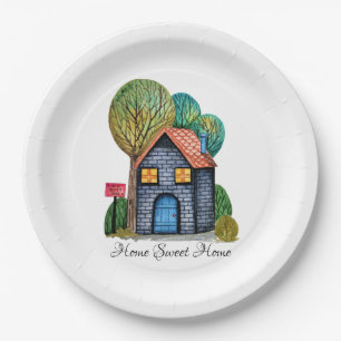 Watercolor Cute Home Sweet Home Art Paper Plate