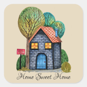 Watercolor Cute Home Sweet Home Art Square Sticker