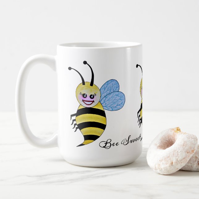 Watercolor Cute Honey Bee With Happy Smile Coffee Mug (With Donut)