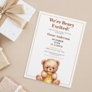 Watercolor Cute Honey Teddy Bear Baby Shower Invitation
