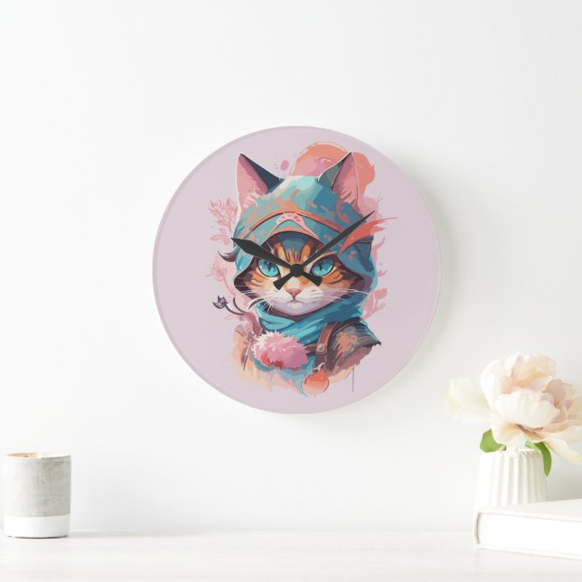 Watercolor Cute Hooded Ninja Cat Large Clock (Home)