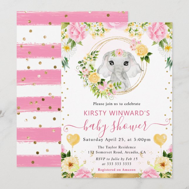 Watercolor Cute Jungle Elephant Baby Shower Invitation (Front/Back)