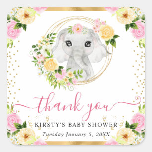 Watercolor Cute Jungle Elephant Floral Baby Shower Square Sticker