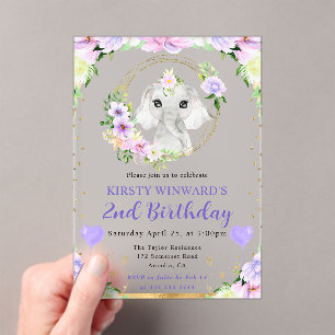 Watercolor Cute Jungle Elephant Kids Birthday Acrylic Invitations