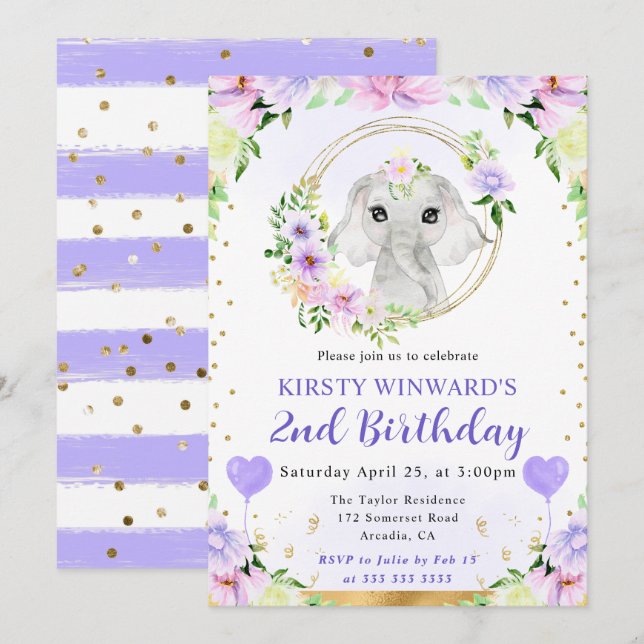 Watercolor Cute Jungle Elephant Kids Birthday Invitation (Front/Back)