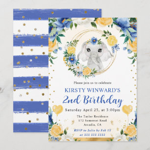Watercolor Cute Jungle Elephant Kids Birthday Invitation