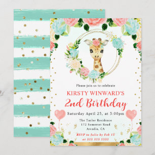 Watercolor Cute Jungle Giraffe Kids Birthday Invitation
