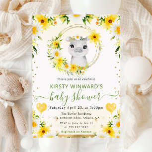 Watercolor Cute Jungle Hippo Baby Shower Invitation