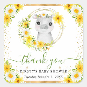 Watercolor Cute Jungle Hippo Floral Baby Shower Square Sticker