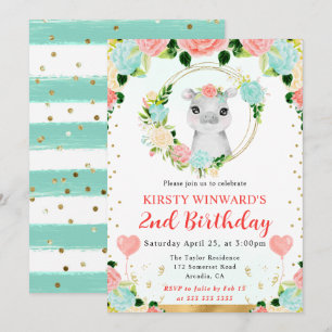 Watercolor Cute Jungle Hippo Kids Birthday Invitation