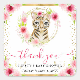Watercolor Cute Jungle Tiger Floral Baby Shower Square Sticker