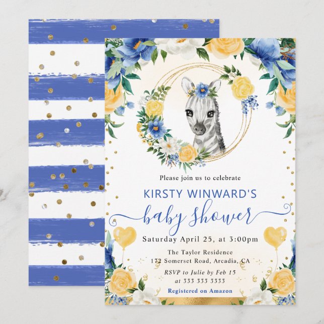Watercolor Cute Jungle Zebra Baby Shower Invitation (Front/Back)