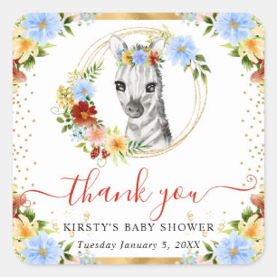 Watercolor Cute Jungle Zebra Floral Baby Shower Square Sticker
