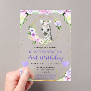 Watercolor Cute Jungle Zebra Kids Birthday Acrylic Invitations