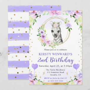 Watercolor Cute Jungle Zebra Kids Birthday Invitation