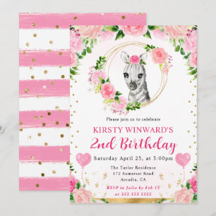 Watercolor Cute Jungle Zebra Kids Birthday Invitation