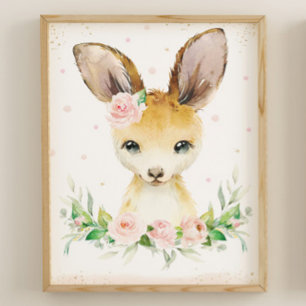 Watercolor Cute Kangaroo Blush Pink Floral Wall  Poster