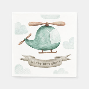 Watercolor cute kids helicopter. Baby boy birthday Napkin