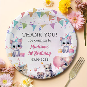 Watercolor Cute Kitty Cat 1st Birthday Paper Plate