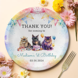 Watercolor Cute Kitty Cat 1st Birthday Paper Plate