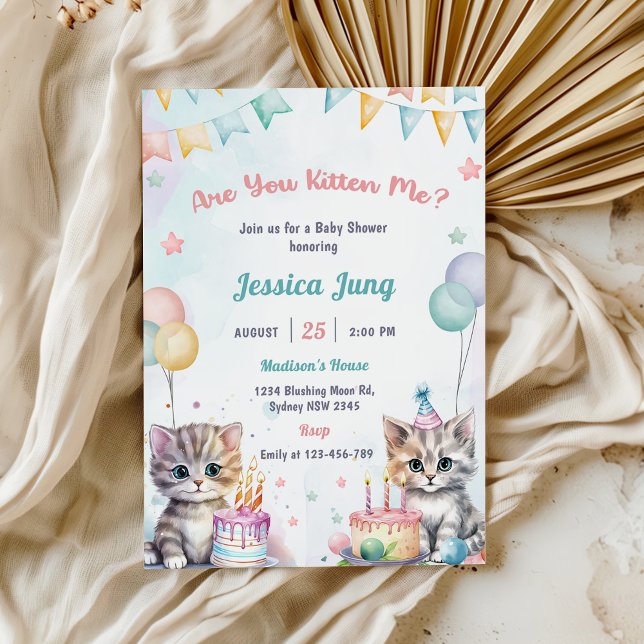 Watercolor Cute Kitty Cat Baby Shower Party Invitation (Creator Uploaded)