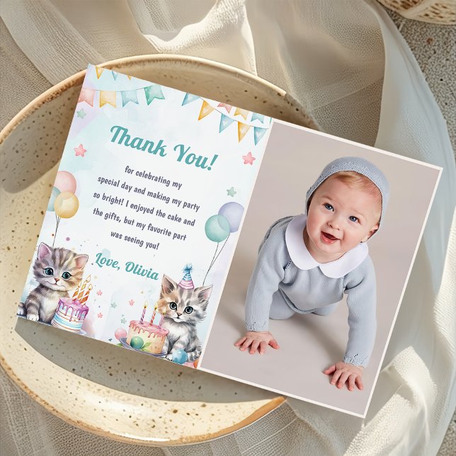 Watercolor Cute Kitty Cat Birthday Thank You Card (Creator Uploaded)