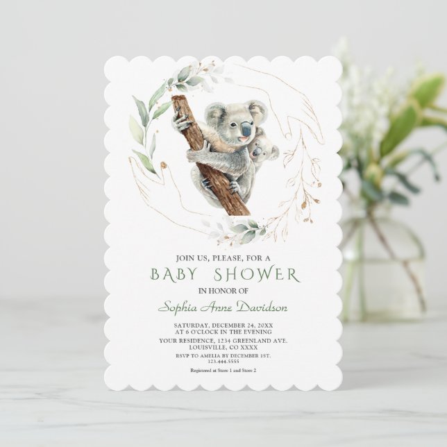 Watercolor Cute Koala Greenery Gold Baby Shower  Invitation (Standing Front)