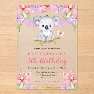 Watercolor Cute Koala & Tropical Flowers Birthday Acrylic Invitations