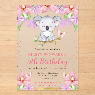 Watercolor Cute Koala & Tropical Flowers Birthday Acrylic Invitations