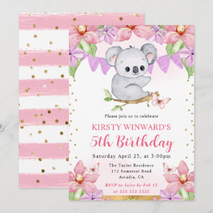 Watercolor Cute Koala & Tropical Flowers Birthday Invitation
