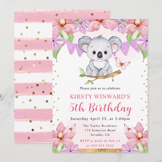 Watercolor Cute Koala & Tropical Flowers Birthday Invitation (Front/Back)