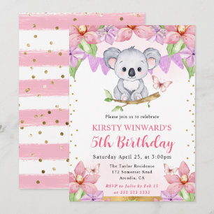 Watercolor Cute Koala & Tropical Flowers Birthday Invitation