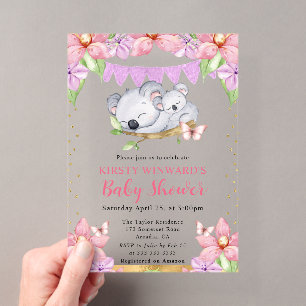 Watercolor Cute Koalas & Flowers Baby Shower Acrylic Invitations