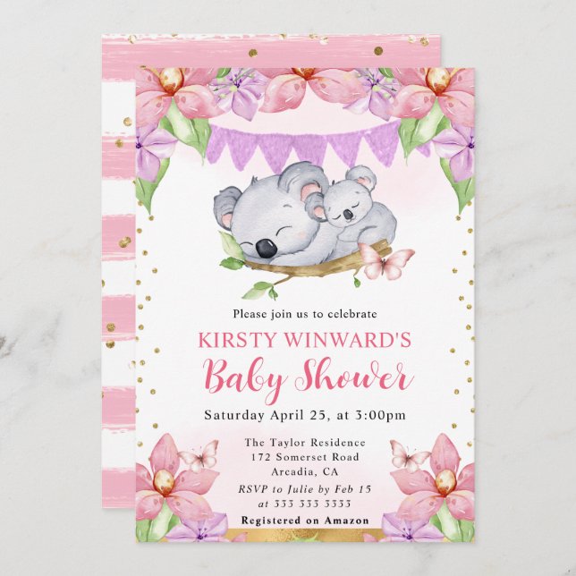 Watercolor Cute Koalas & Flowers Baby Shower Invitation (Front/Back)