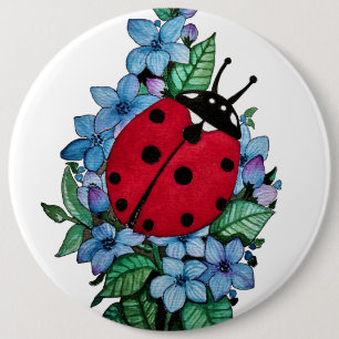 Watercolor Cute Ladybird With Blue Wild Flowers 6 Cm Round Badge
