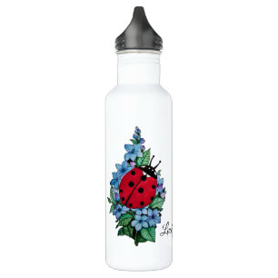 Watercolor Cute Ladybird With Blue Wild Flowers 710 Ml Water Bottle