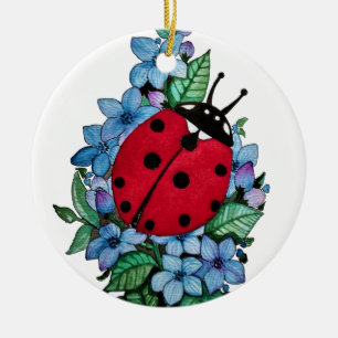 Watercolor Cute Ladybird With Blue Wild Flowers Ceramic Tree Decoration