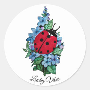 Watercolor Cute Ladybird With Blue Wild Flowers Classic Round Sticker