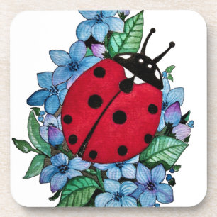 Watercolor Cute Ladybird With Blue Wild Flowers Coaster
