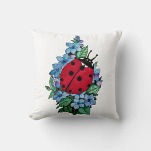 Watercolor Cute Ladybird With Blue Wild Flowers Cushion