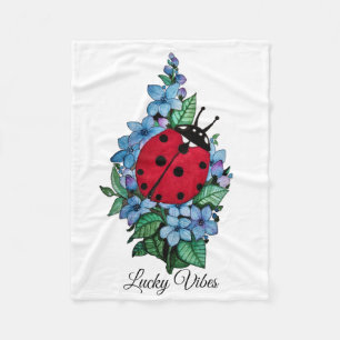 Watercolor Cute Ladybird With Blue Wild Flowers Fleece Blanket
