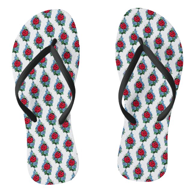 Watercolor Cute Ladybird With Blue Wild Flowers Flip Flops (Footbed)