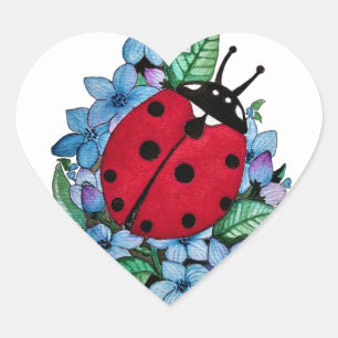 Watercolor Cute Ladybird With Blue Wild Flowers Heart Sticker