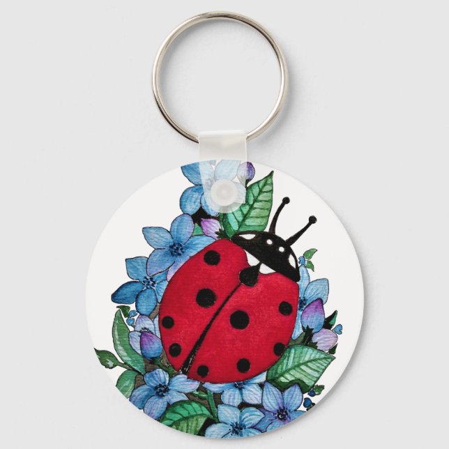 Watercolor Cute Ladybird With Blue Wild Flowers Key Ring (Front)